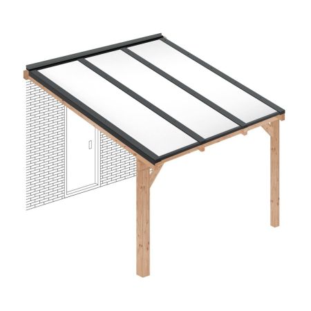 Douglas houten terrasoverkapping compleet, aan muur, opaal wit dak, breedte tot 3,16 m x diepte tot 3,5 m. Profielen antraciet