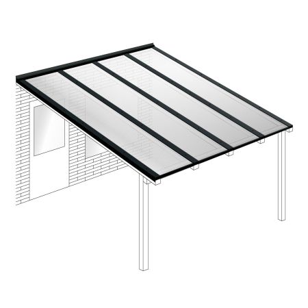 Polycarbonaat kanaalplaten dak helder compleet, aan muur, breedte tot 4,06 m x diepte tot 3,5 m. Profielen zwart